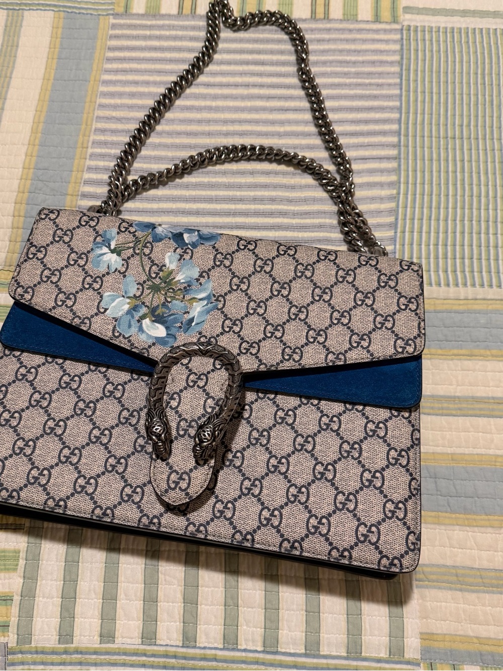 Gucci GG Supreme Shoulder Bag with Blue Floral and Navy Accent